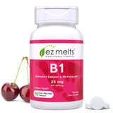 EZ Melts B1 25 mg, botella frontal, disolución rápida para energía diaria.