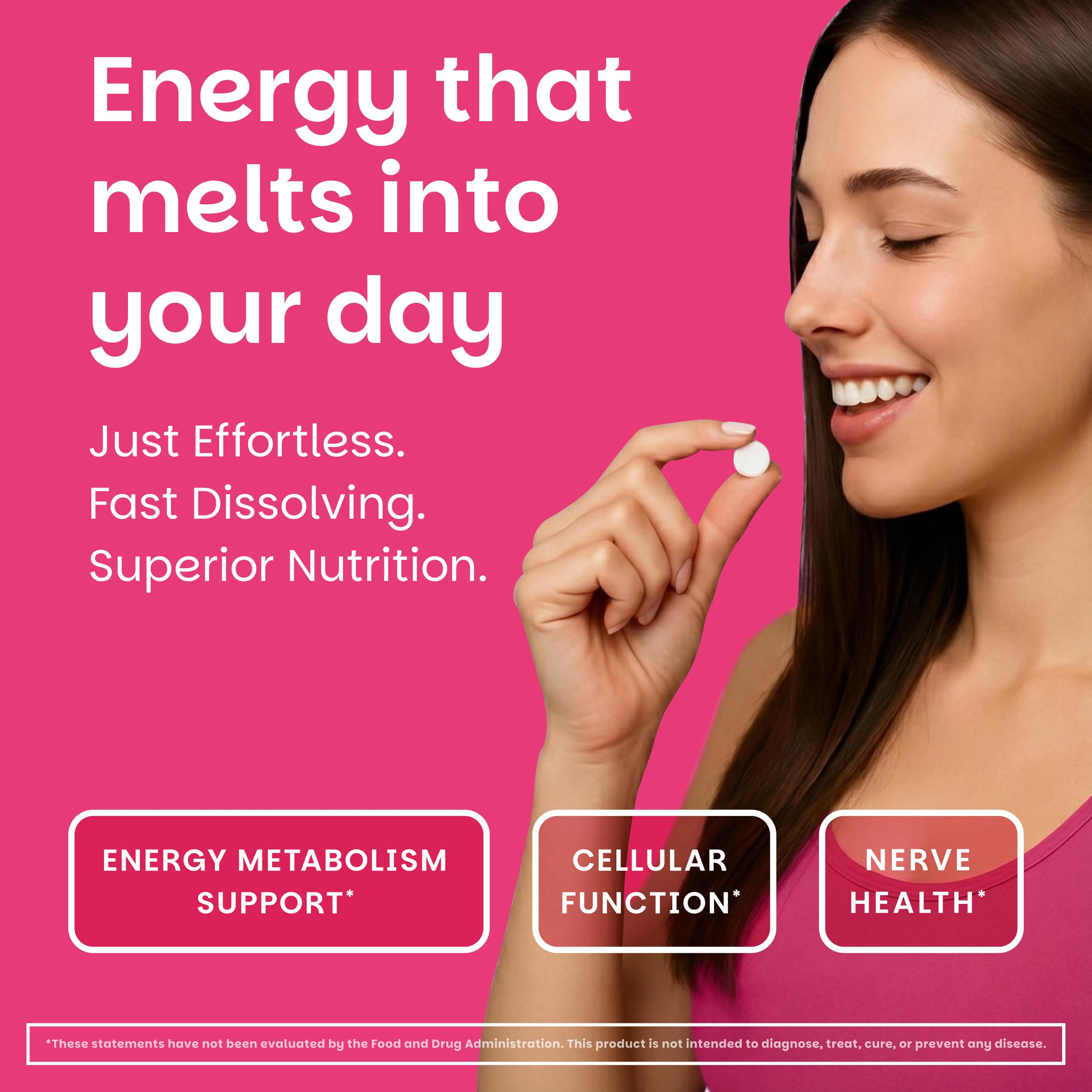 EZ Melts B1 25 mg, etiqueta trasera, libre de transgénicos y apto vegano.