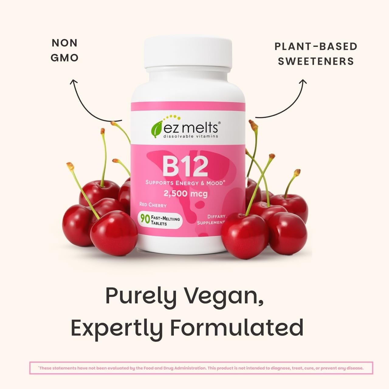 EZ Melts B12 etiqueta detallada, transparencia de ingredientes.