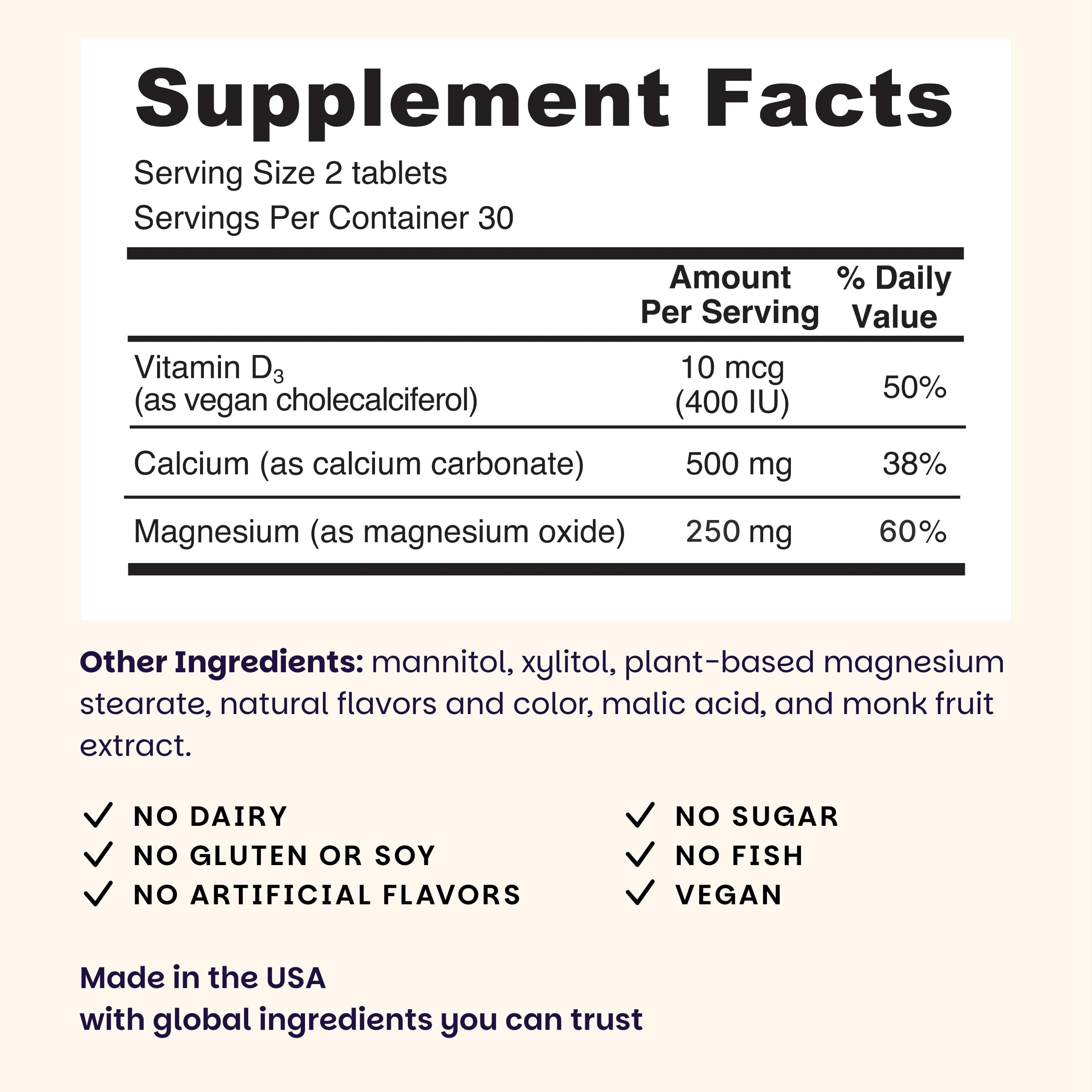 EZ Melts Calcio Magnesio, etiqueta frontal destacando formato vegano y no GMO