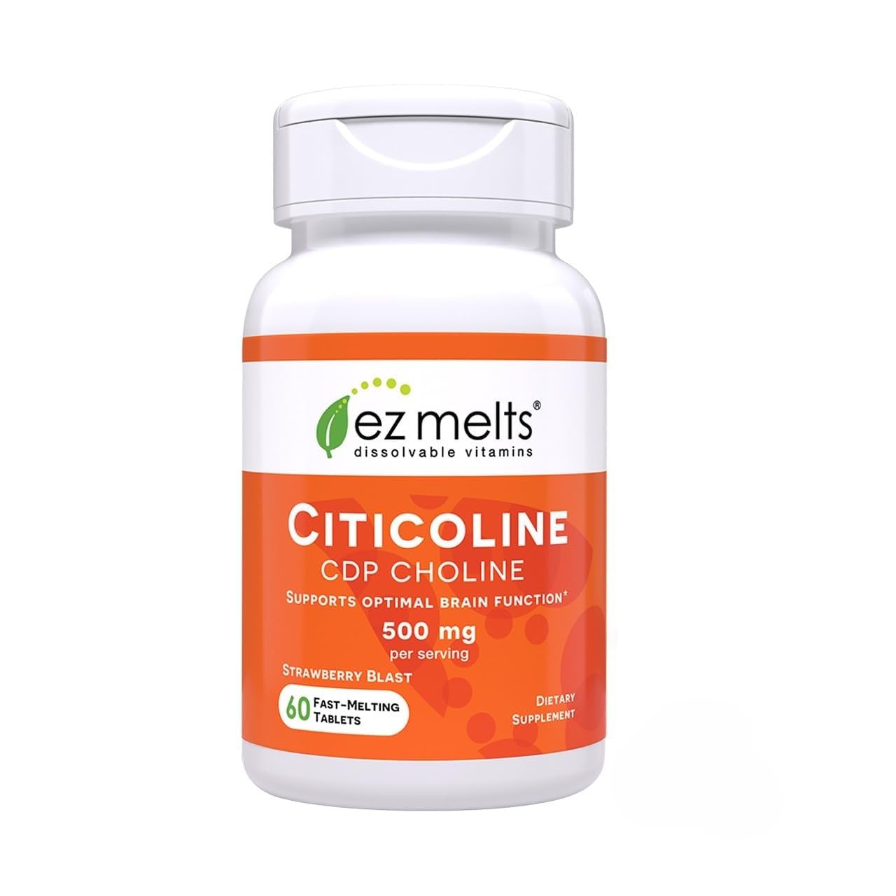EZ Melts Citicoline: frasco con tabletas disolubles para apoyo diario de la memoria.