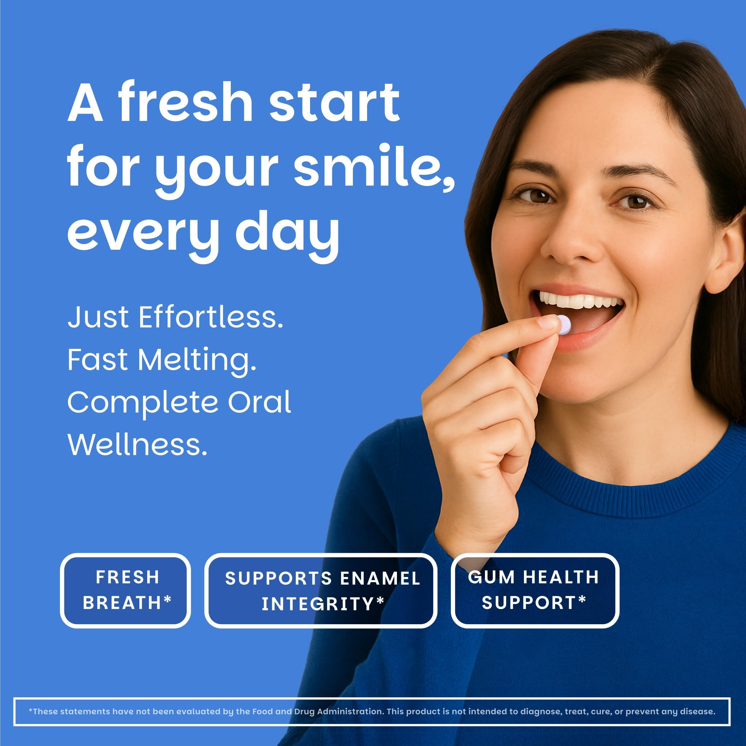 EZ Melts esmalte dental fortalecido con calcio fosfato para dentadura saludable.