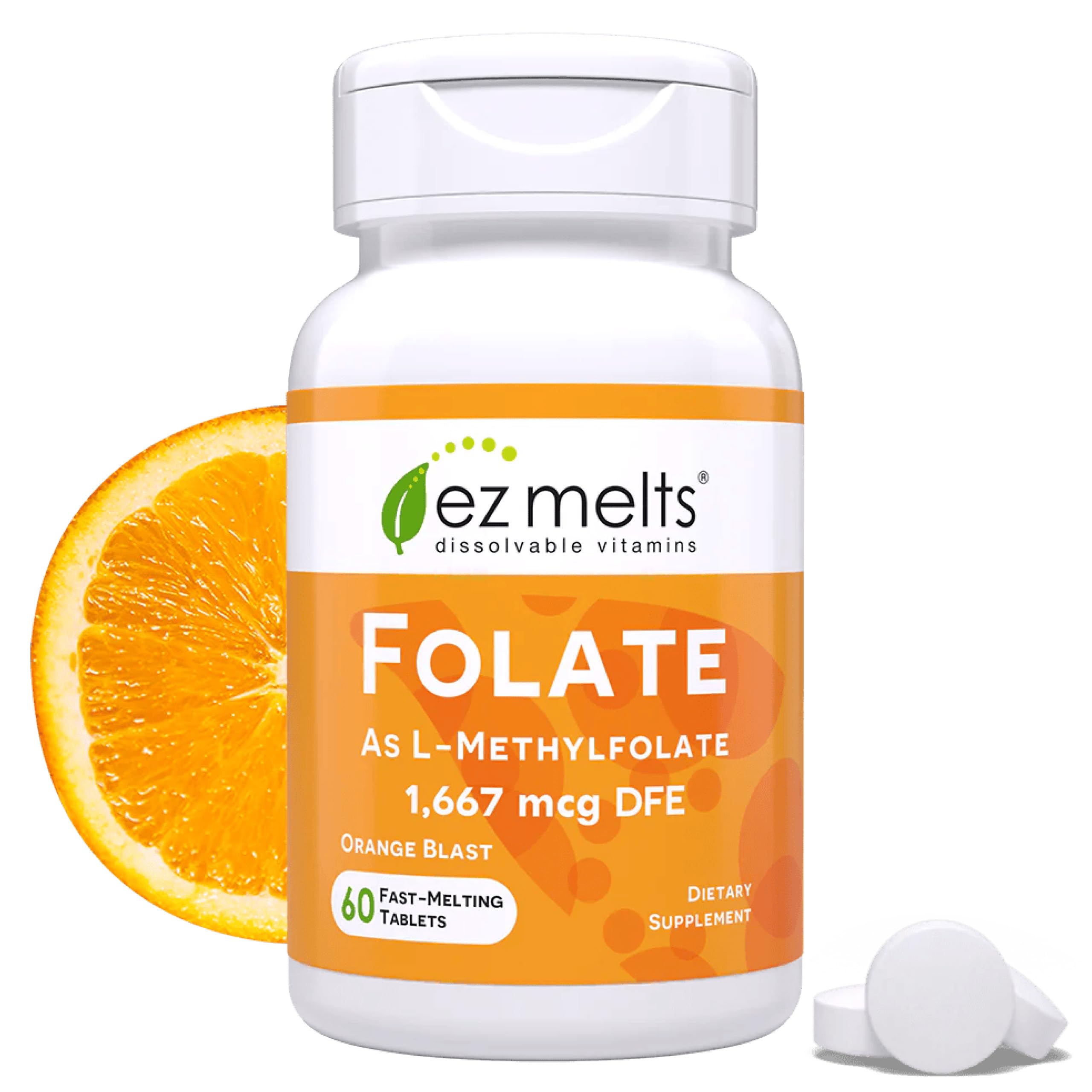 EZ Melts folato disoluble, 1667 mcg DFE, disolución rápida en boca para uso diario.