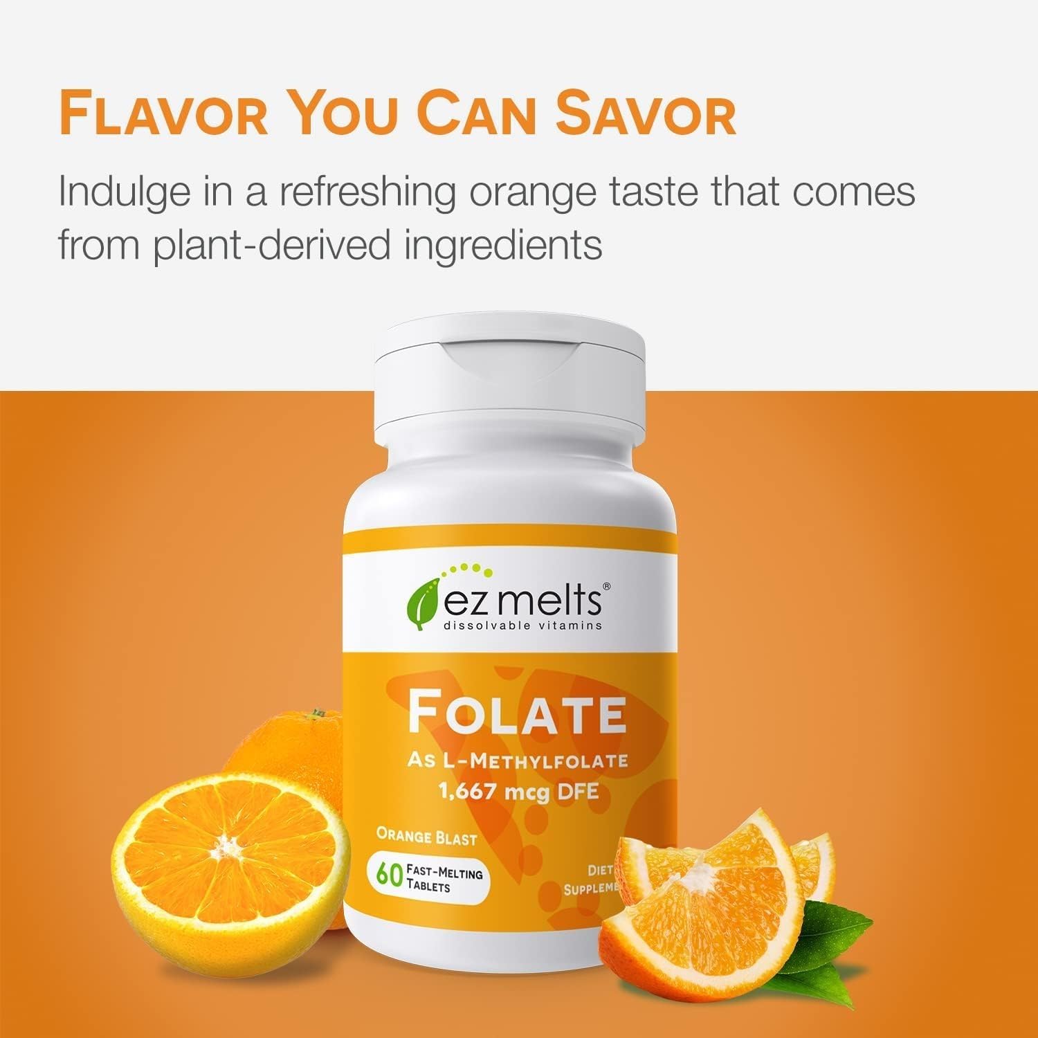 EZ Melts Folato, L-5-MTHF biodisponible para mejor absorción.
