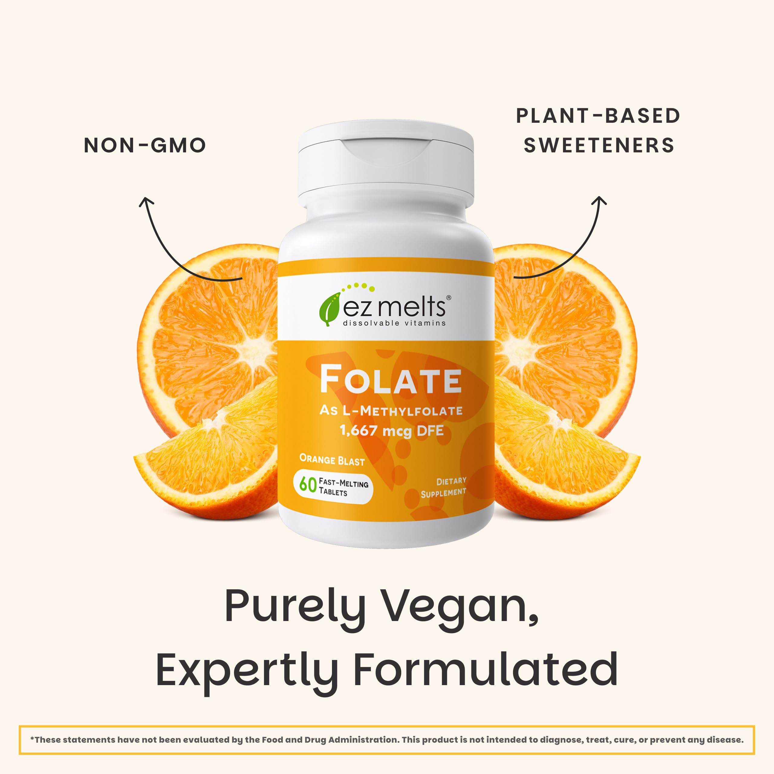 EZ Melts forma bio disponible, folato metilado para mayor absorción.
