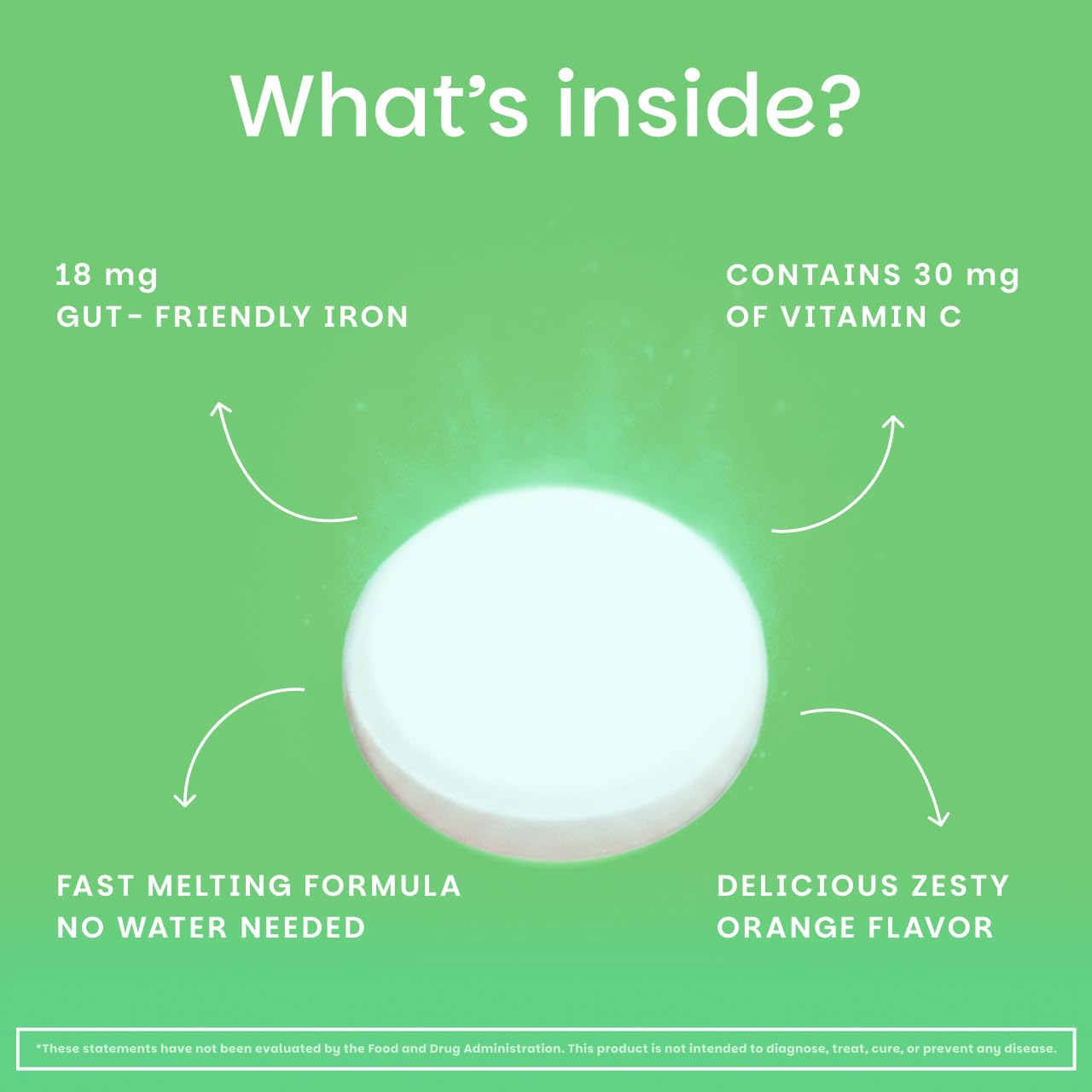 EZ Melts Hierro con vitamina C para mejor absorción.