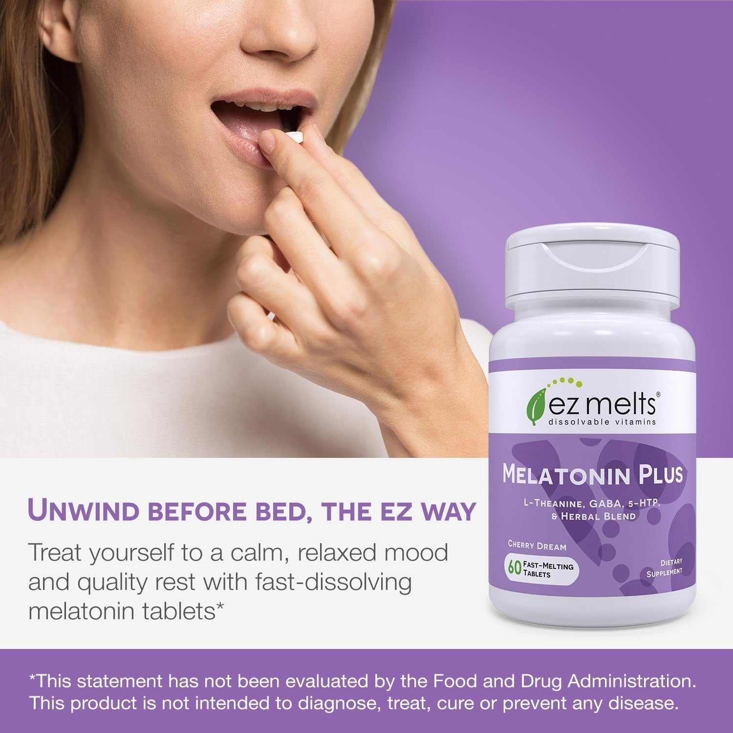 EZ Melts Melatonin Plus envase de 120 dosis para uso nocturno práctico
