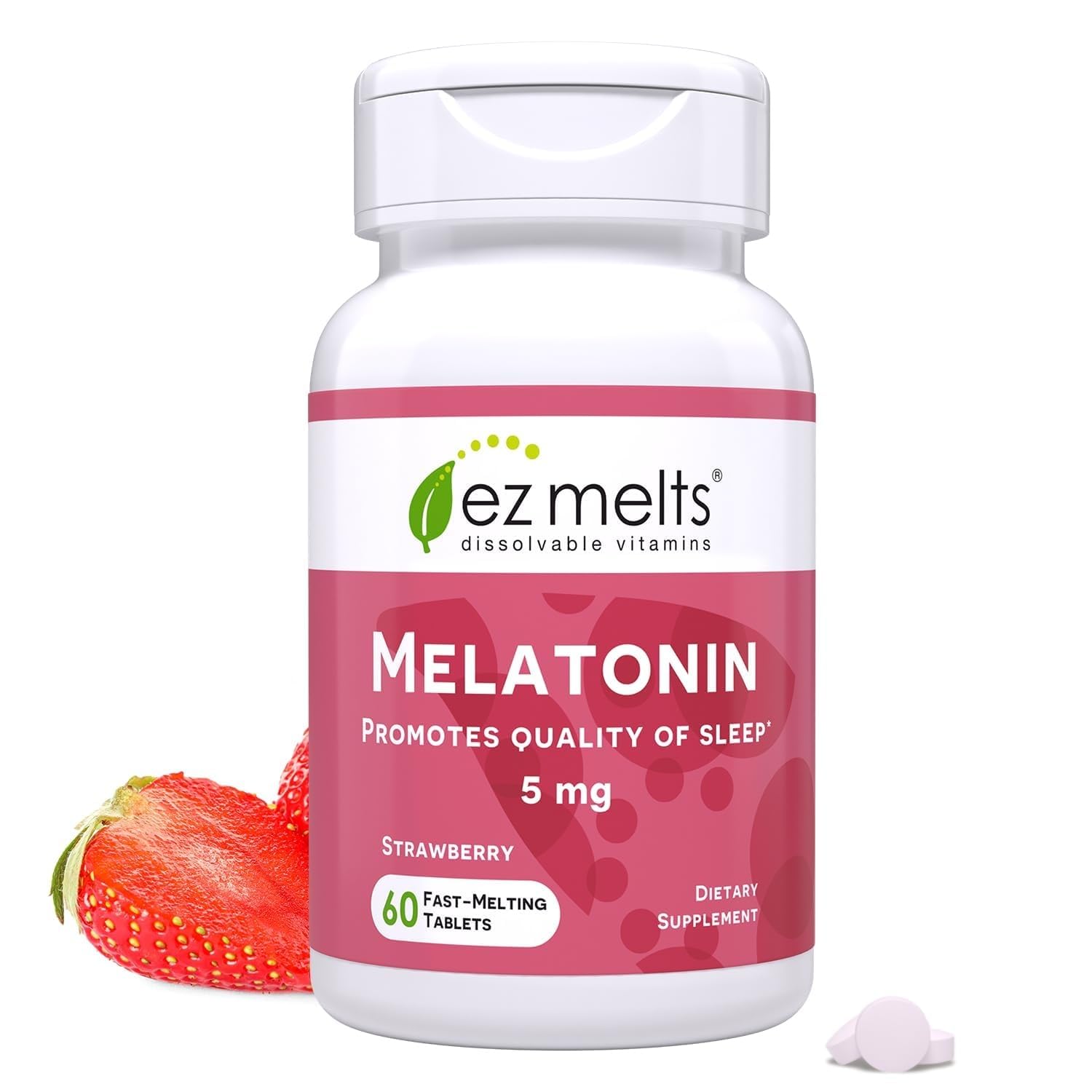 EZ Melts Melatonina, envase visible y tableta disoluble para descanso suave.
