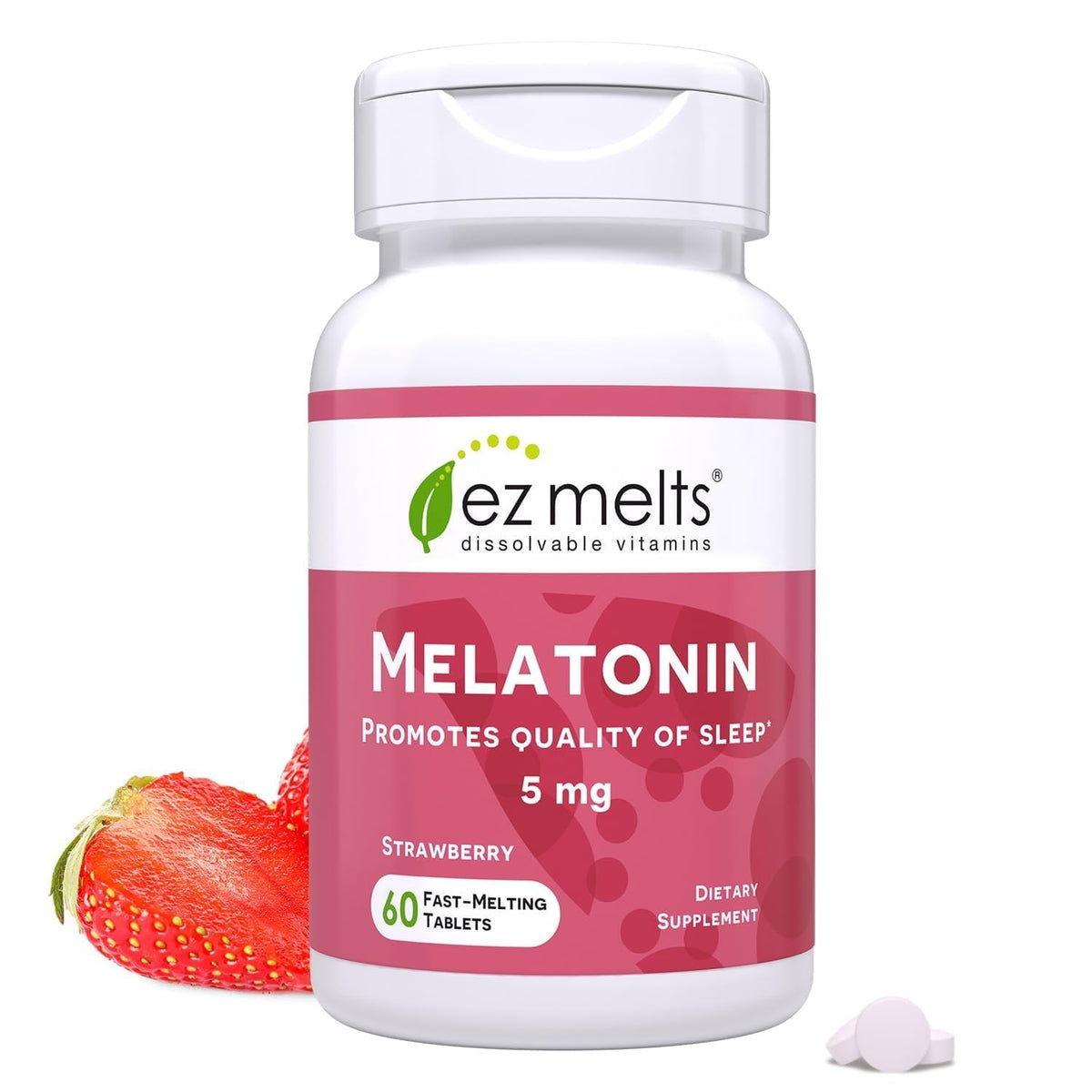 EZ Melts Melatonina, envase visible y tableta disoluble para descanso suave.