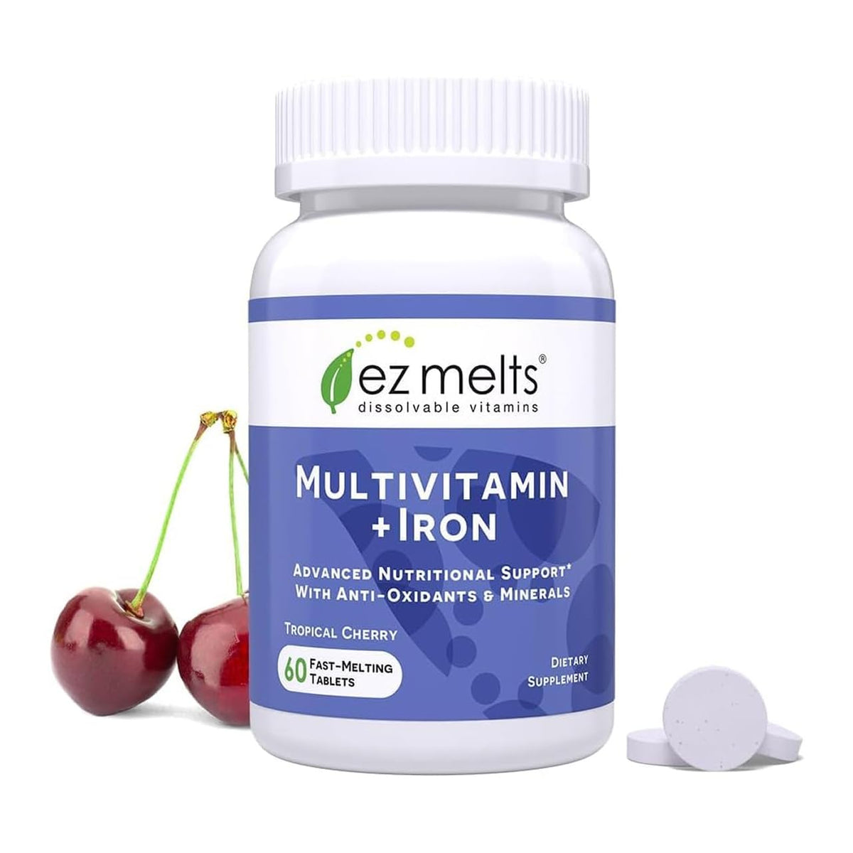 Frasco de EZ Melts Multivitamin con tabletas que se disuelven en la boca para mayor comodidad.