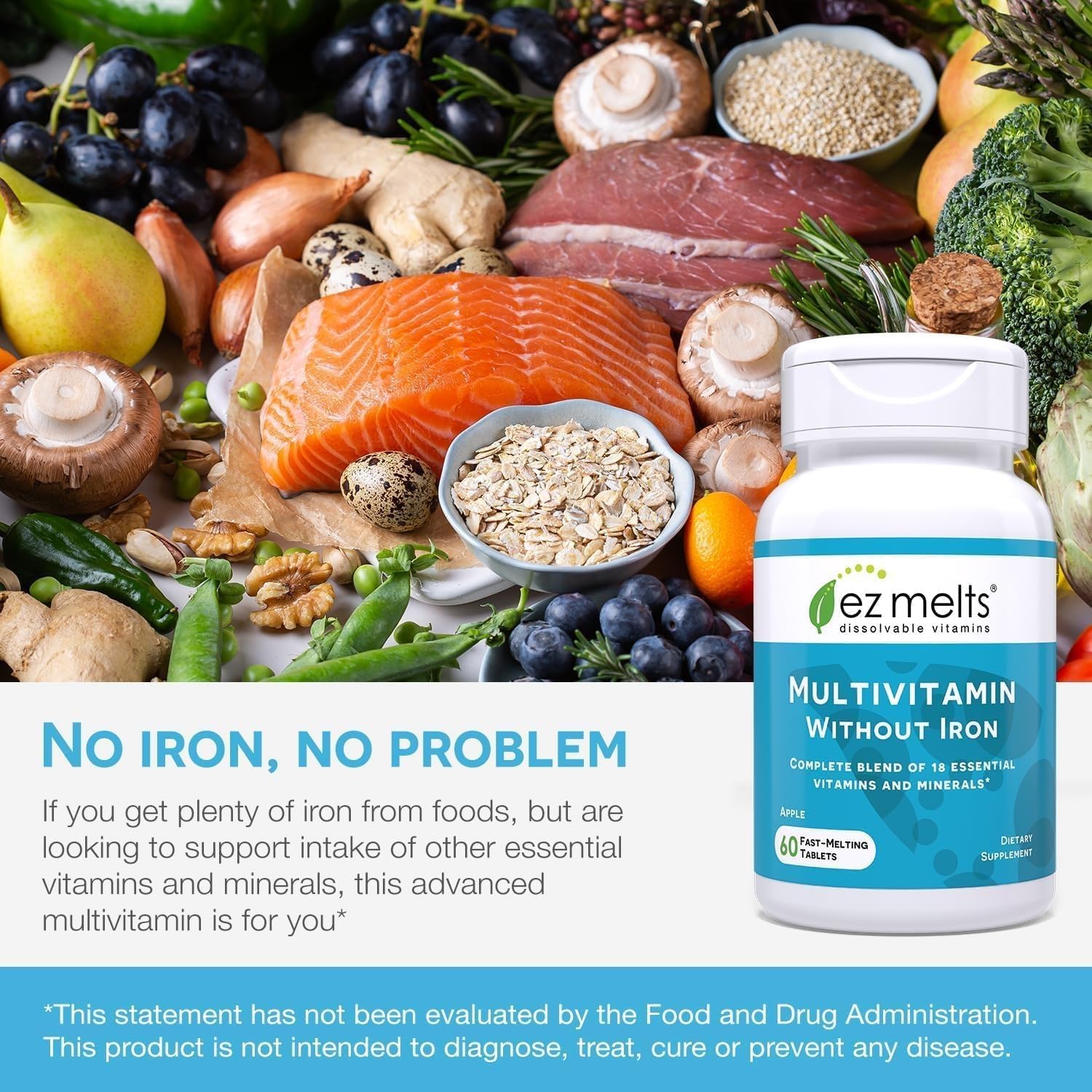EZ Melts Multivitamin sin hierro, folato y B12 en formas bioactivas.