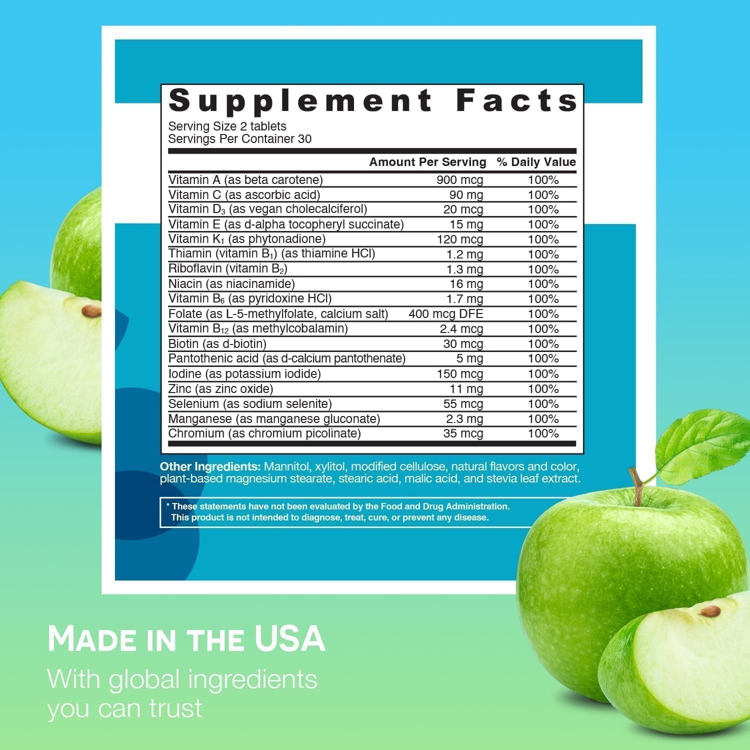 EZ Melts Multivitamin sin hierro, sabor manzana para dosis diarias sin esfuerzo.