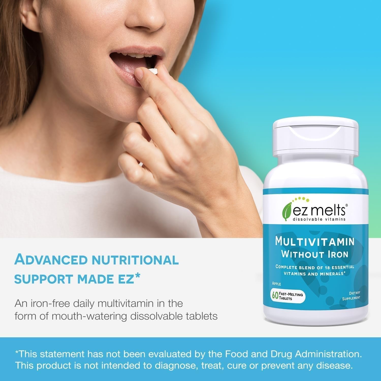 EZ Melts Multivitamin sin hierro, uso diario para estilo de vida activo.