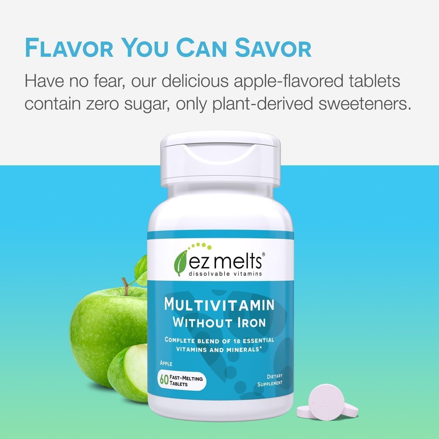 EZ Melts Multivitamin sin hierro, opción vegana libre de alérgenos.