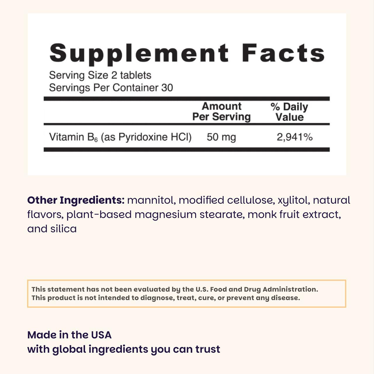 EZ Melts Vitamina B6 fórmula sin sabores artificiales para ingesta limpia