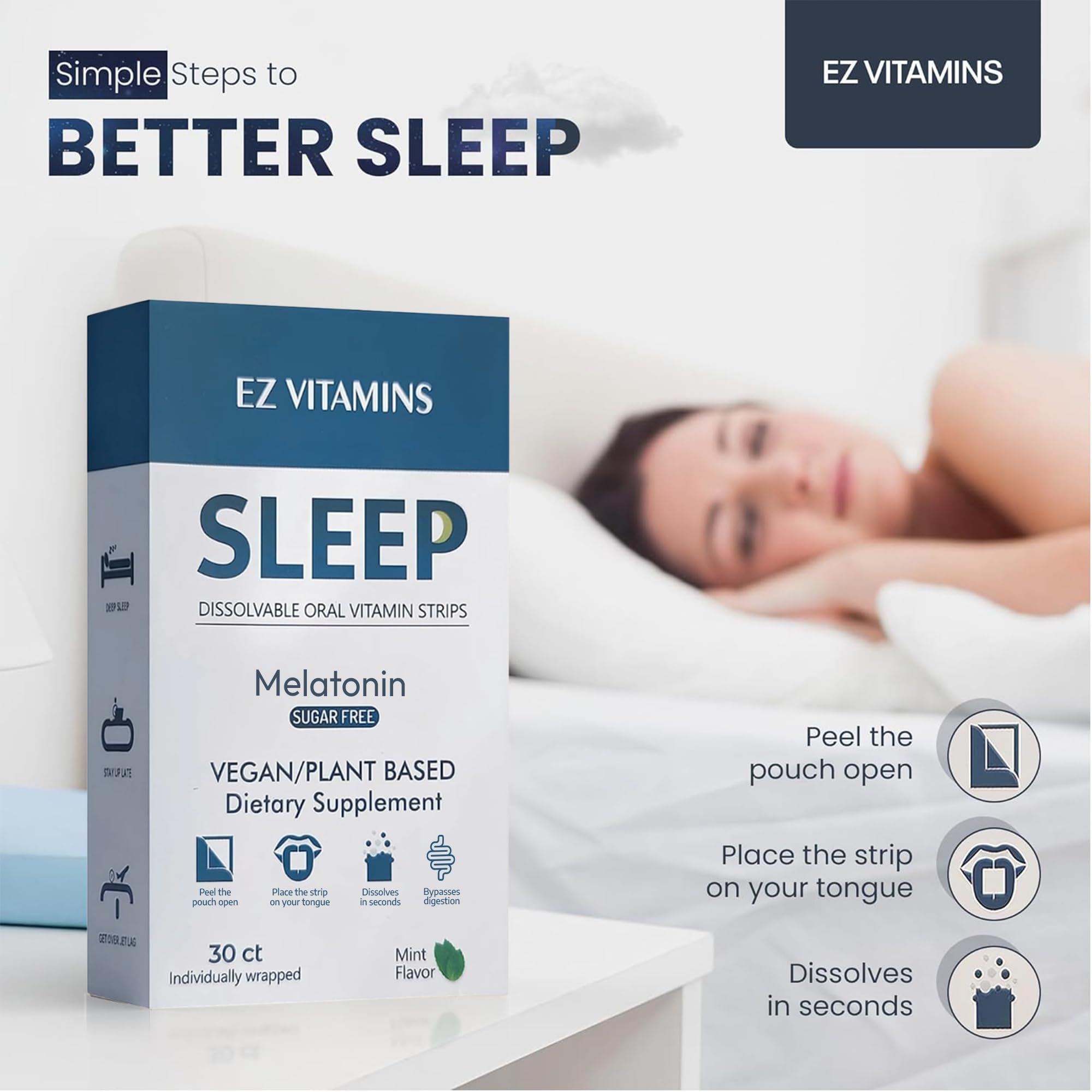 EZ VITAMINS tiras para dormir, disolución rápida para absorción efectiva