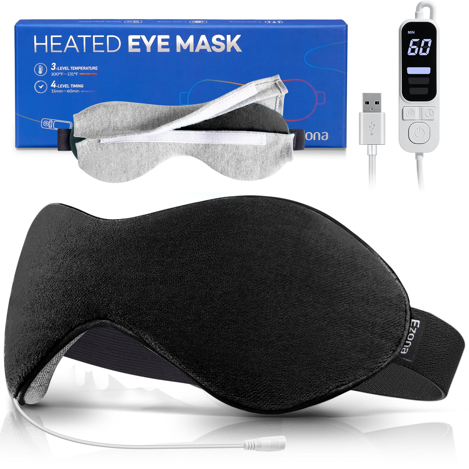 Ezona antifaz ocular caliente en empaque para relajación de ojos cansados.