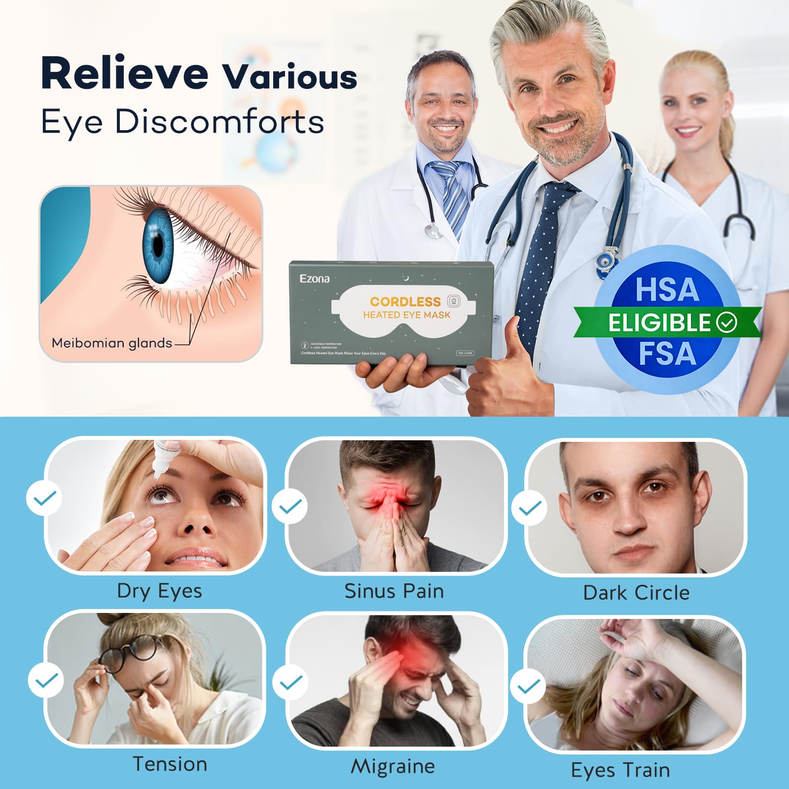 Ezona máscara ocular con perlas de vidrio que distribuyen el calor de forma uniforme.