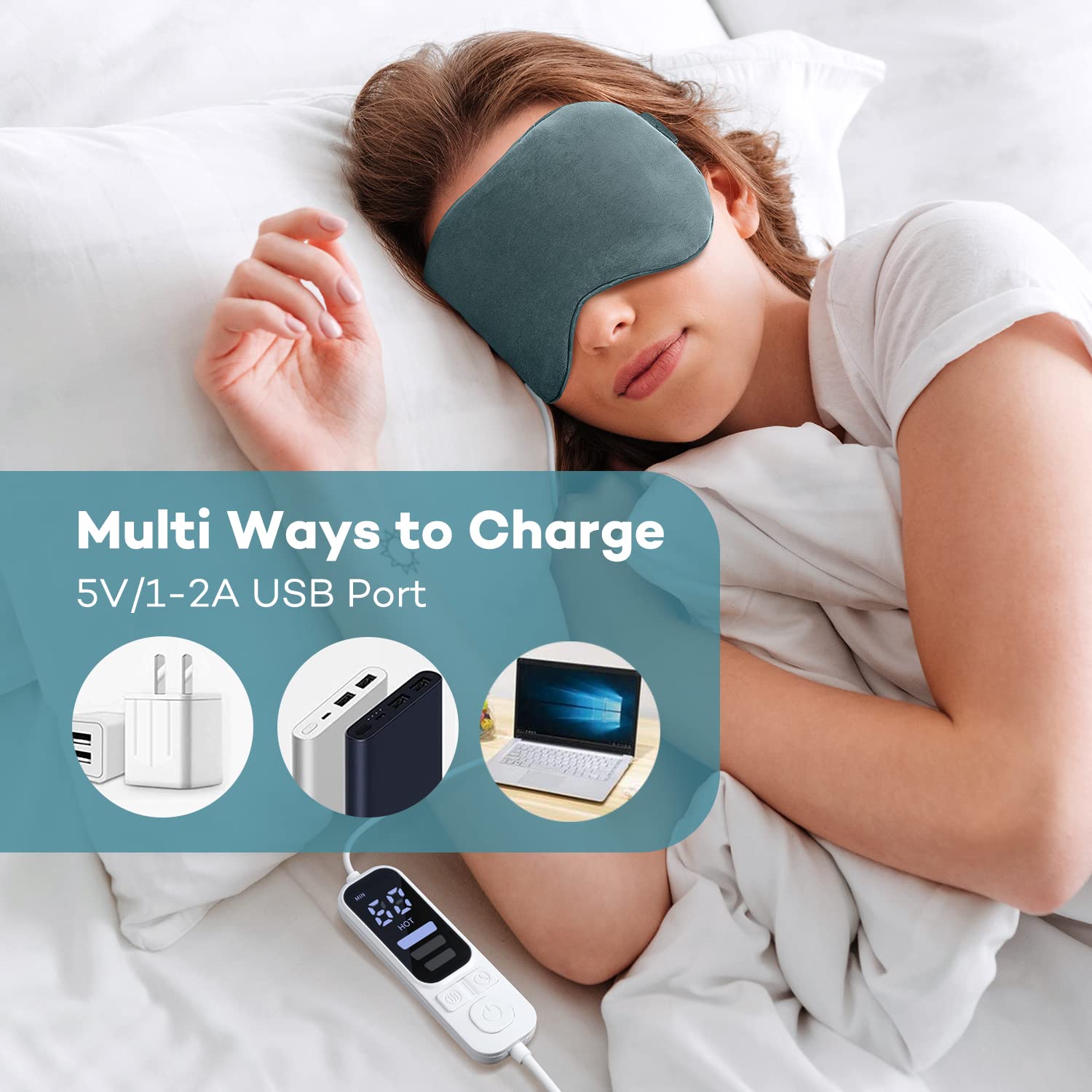 Ezona mascarilla ocular diseño USB estable para calor constante sin peso.