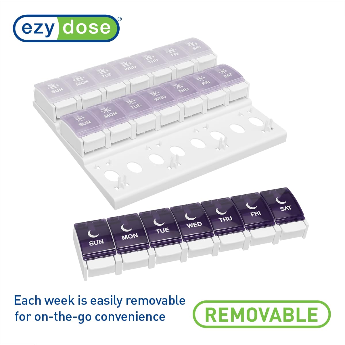 EZY DOSE: capacidad para 30 pastillas por compartimento.