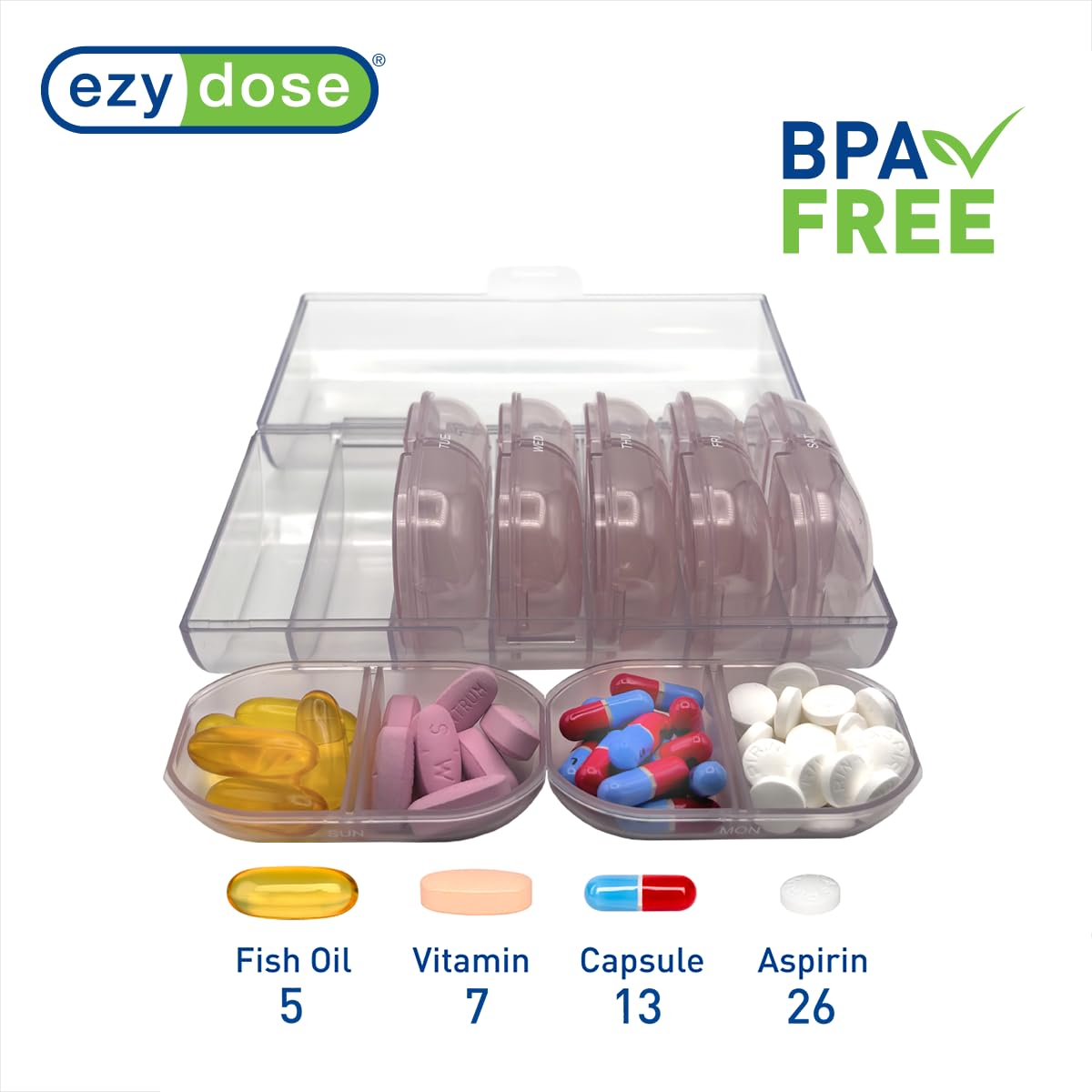 EZY DOSE estuche de viaje para pastillas, tamaño compacto.