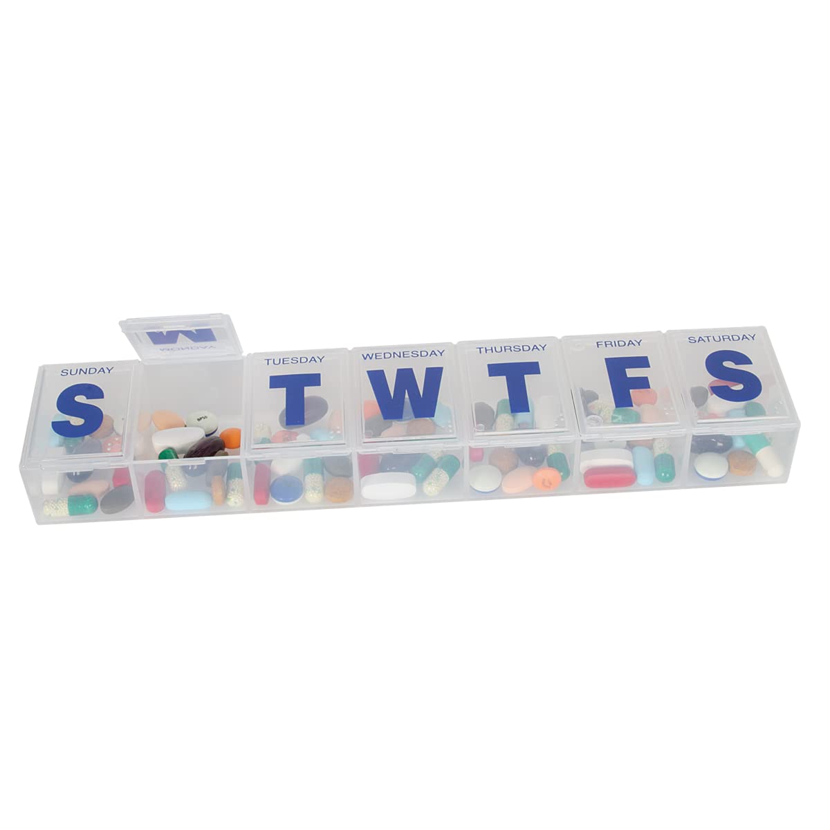 EZY DOSE organizador semanal de pastillas con tapas transparentes para ver la dosis.