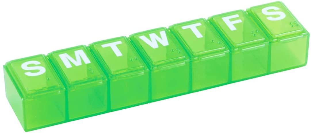 EZY DOSE organizador semanal de pastillas con compartimentos diarios para verificación rápida.