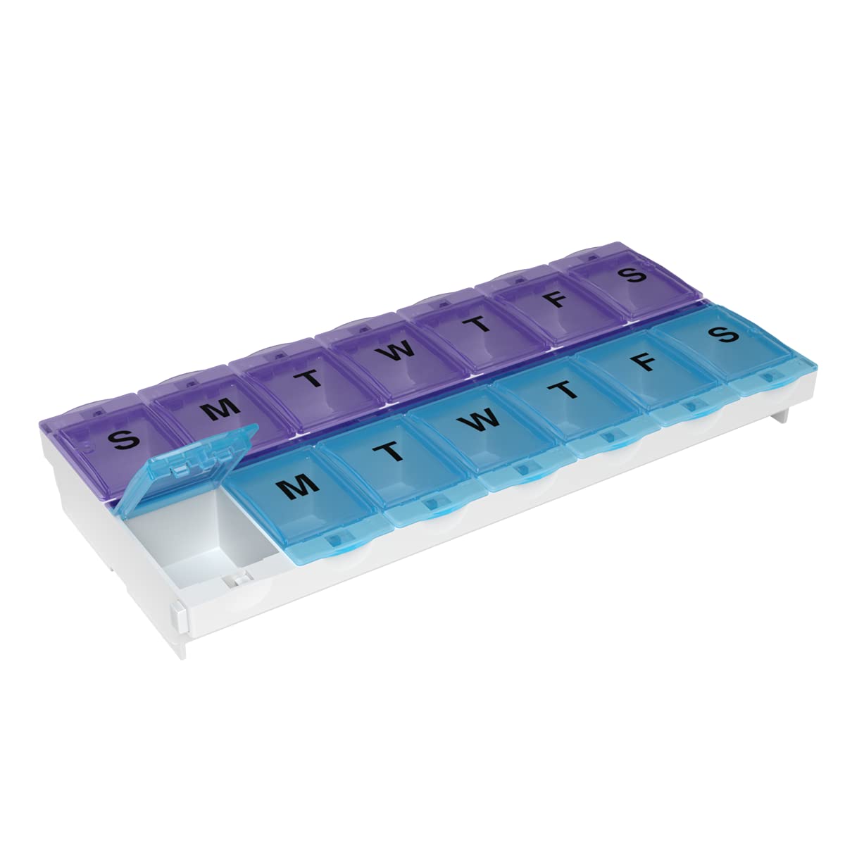 EZY DOSE pastillero 14 días, mañana y noche abierto para planificar tomas.
