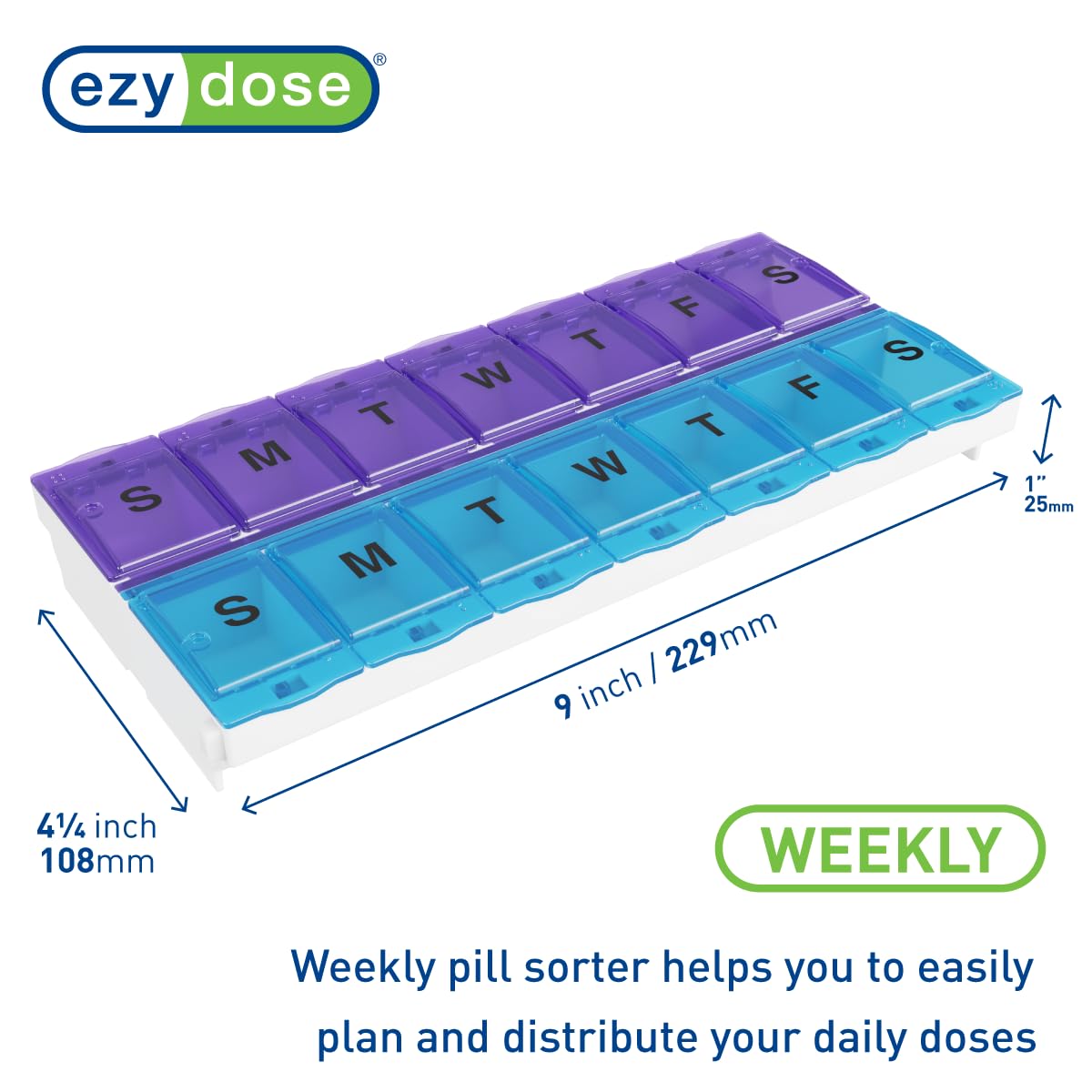 EZY DOSE pastillero 14 días, mañana y noche cerrado con cierre seguro.