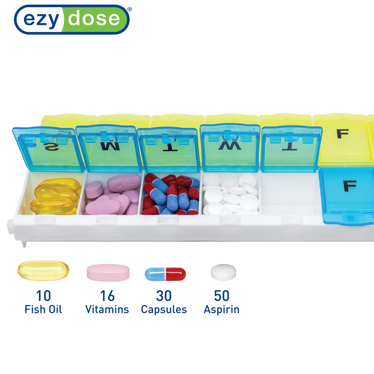 EZY DOSE pastillero con capacidad extragrande para píldoras grandes.