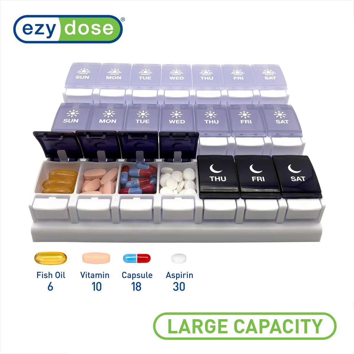 EZY DOSE: caja semanal de mediodía para organizar dosis con claridad.