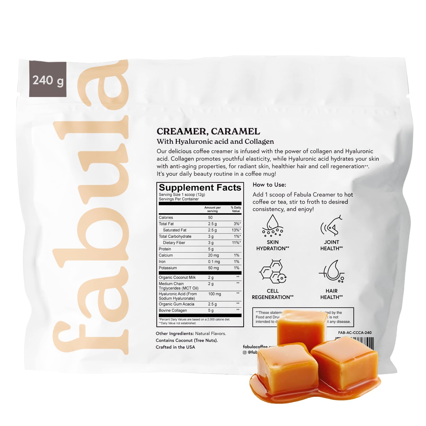 Fabula Crema de Café con Colágeno, taza humeante para disfrutar.