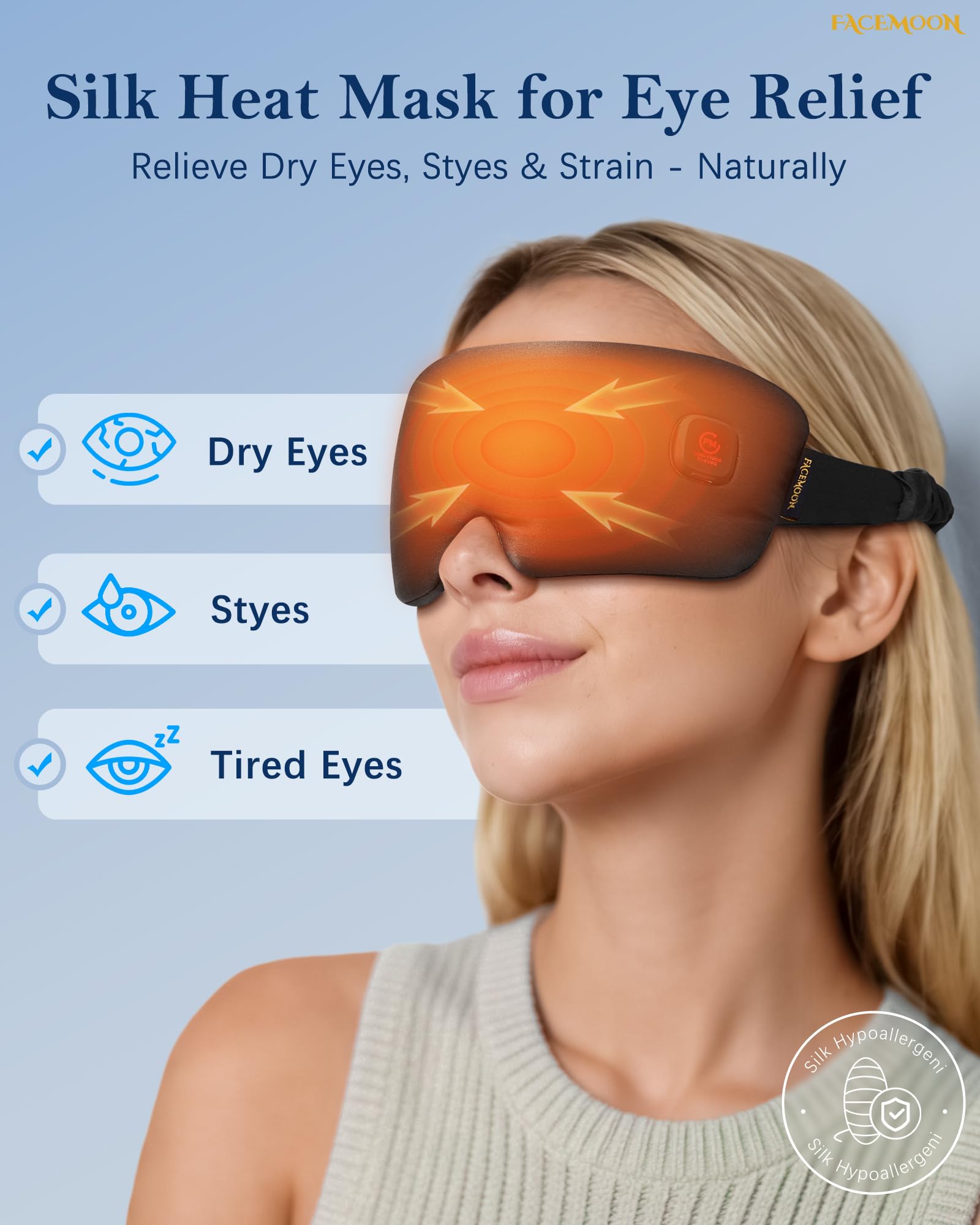 Detalle de seda suave en FACEMOON mascarilla ocular para contacto cómodo.