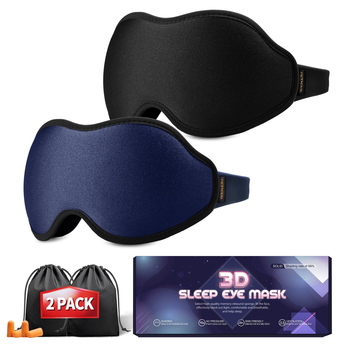 FACEMOON máscara dormir forma 3D contorneada para bloqueo total de luz y confort.