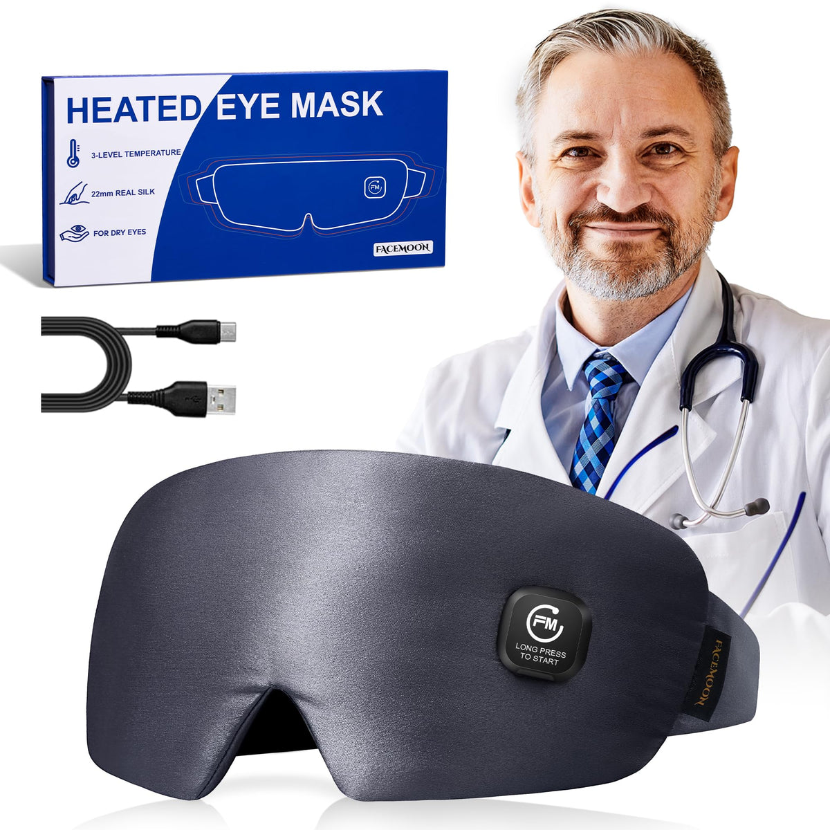 FACEMOON máscara de ojos seda calor suave para relajación nocturna.