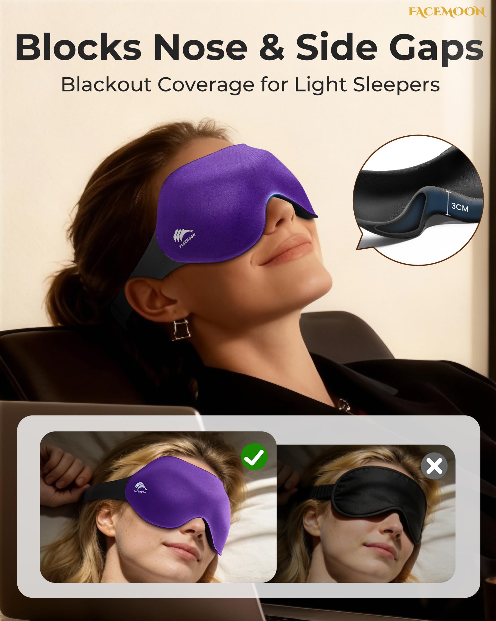 FACEMOON máscara opacidad total para oscuridad sostenida durante viajes.