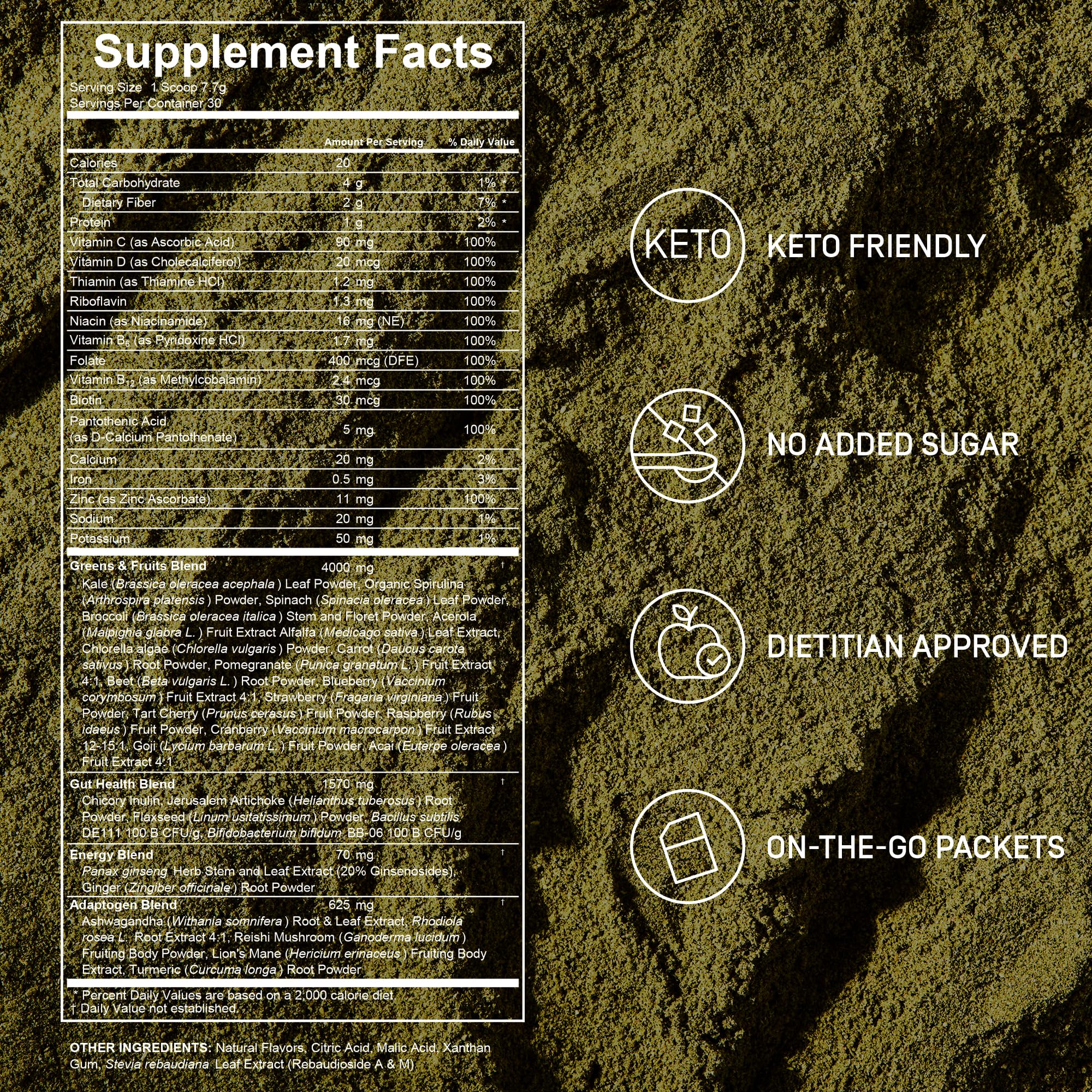 Factor Form Daily Greens, etiqueta nutricional clara y lista de ingredientes.