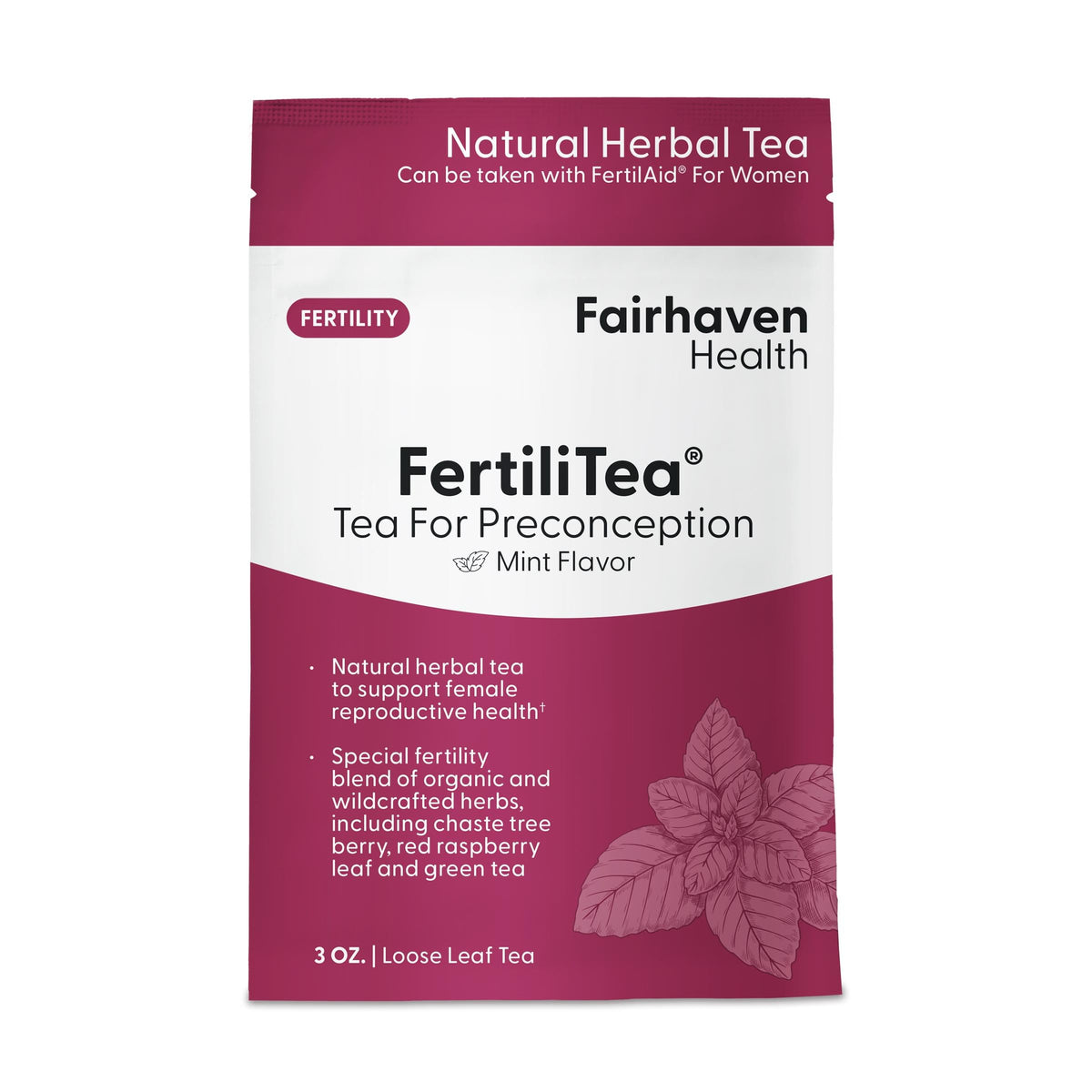 Fairhaven Health FertiliTea en empaque vacio para conservar frescura.