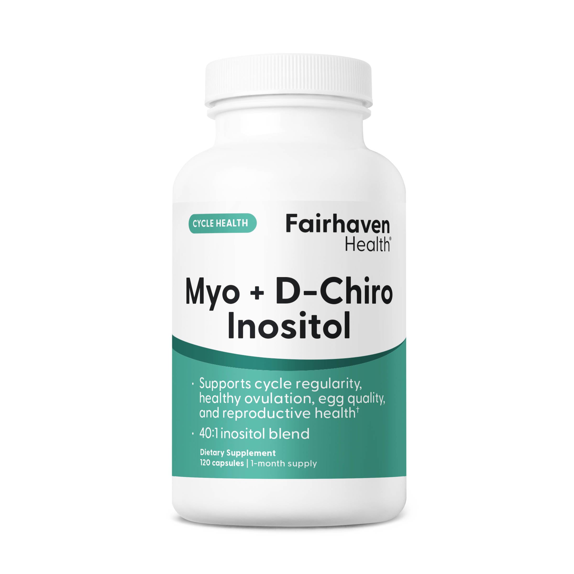 Fairhaven Health Myo-Inositol y D-Chiro Inositol, botella vertiendo, apoyo hormonal potencial.