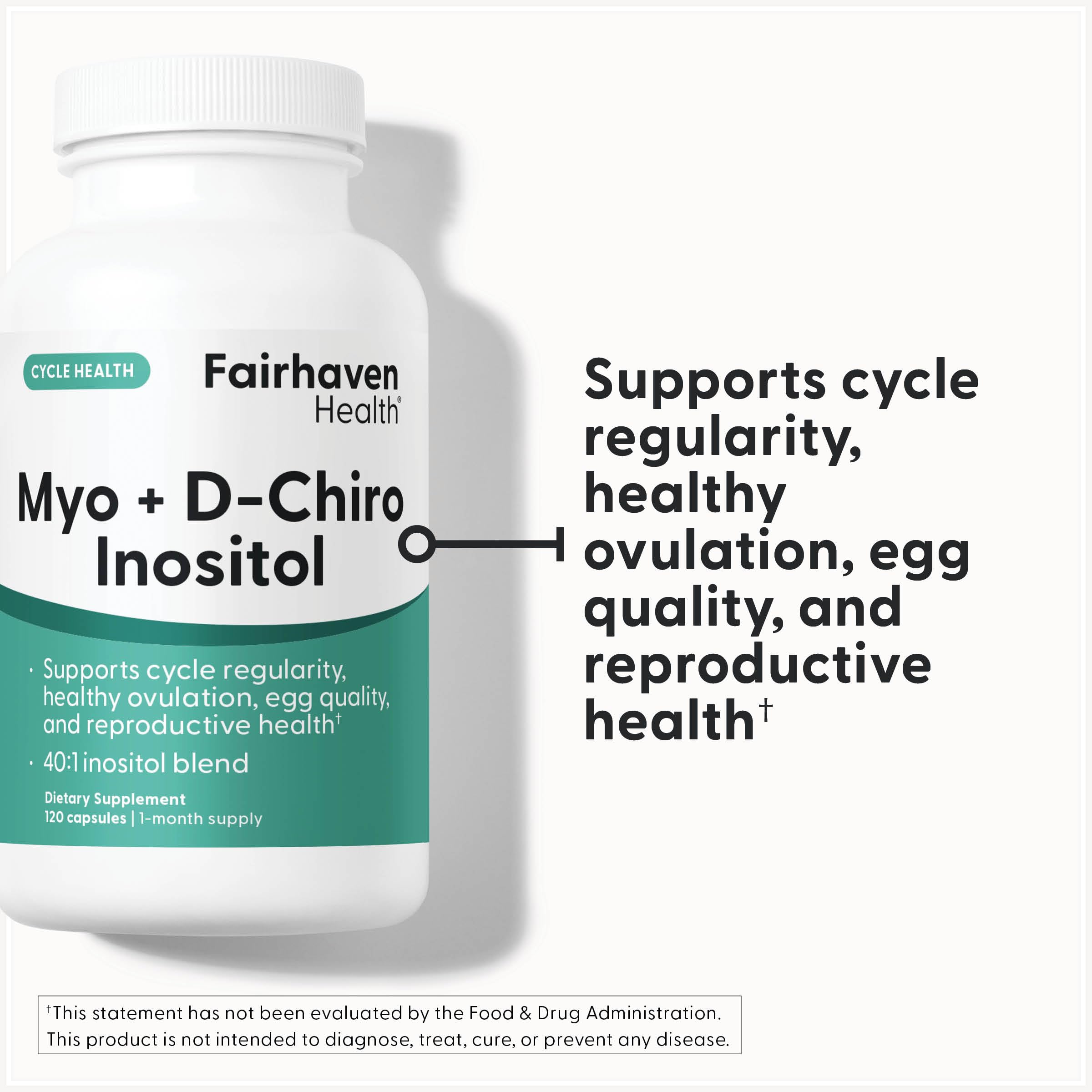 Fairhaven Health Myo-Inositol y D-Chiro Inositol, cápsulas listas para ingesta diaria.