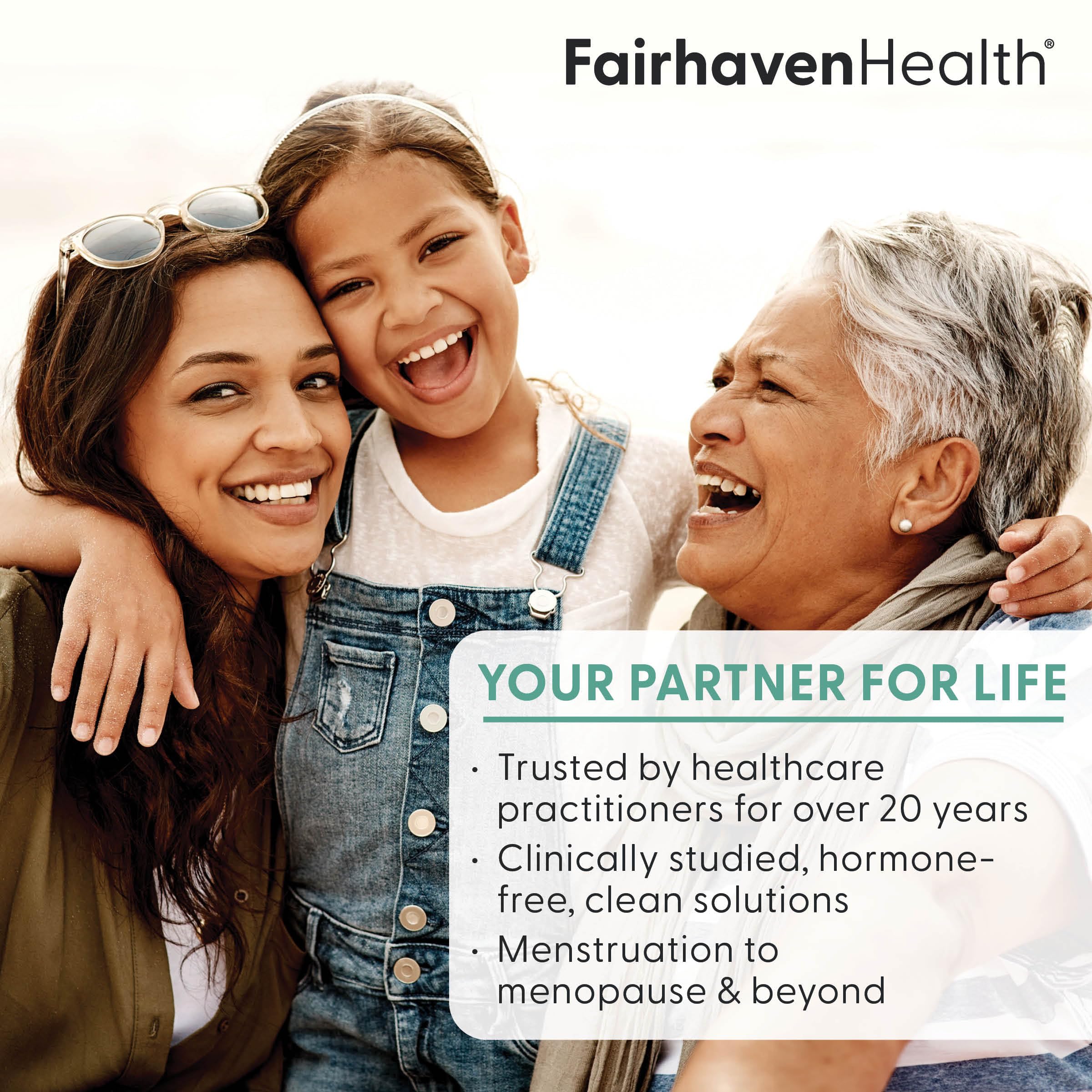 Detalle de etiqueta con marca Fairhaven Health y beneficios hormonales.