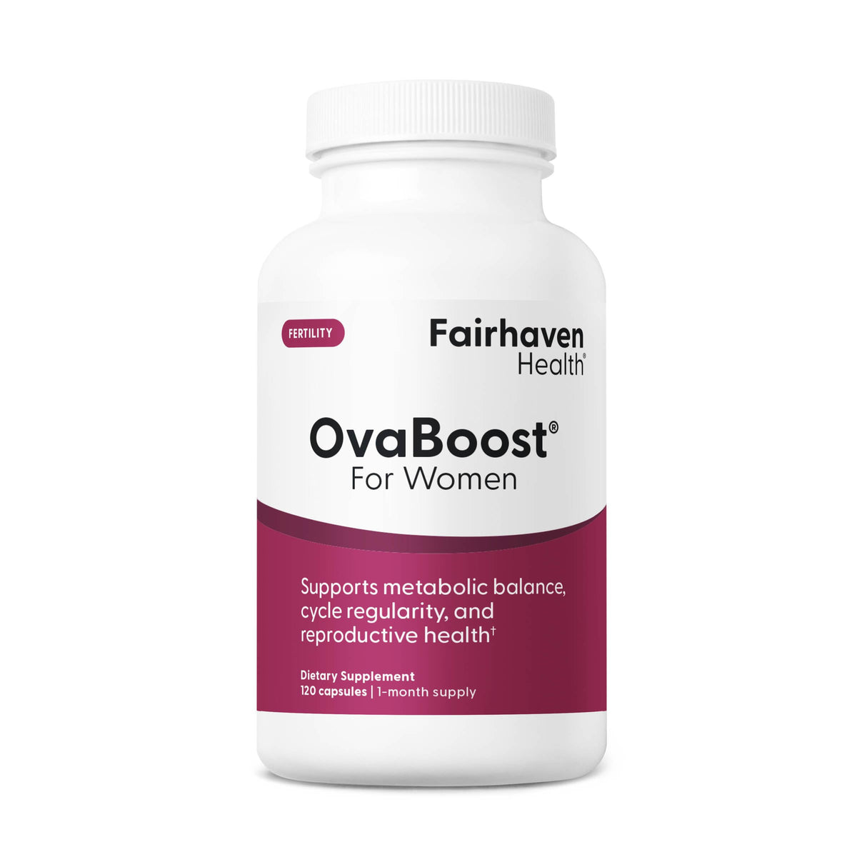Fairhaven Health Ovaboost: botella de cápsulas para apoyo a la fertilidad femenina