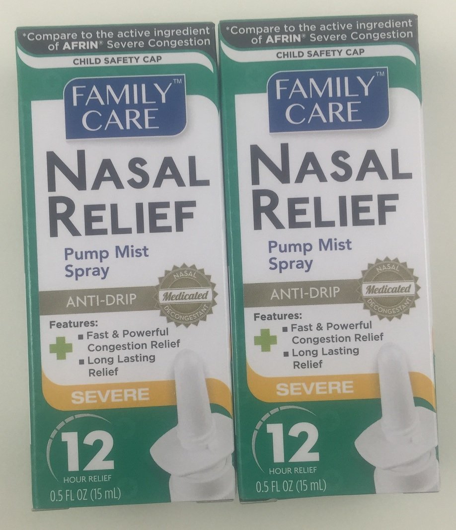 Family Care alivio nasal con bomba anti-goteo para uso rápido y cómodo.