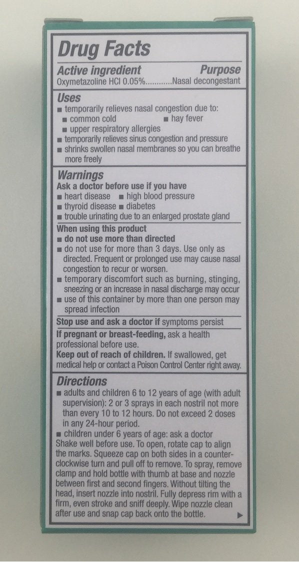 Family Care descongestión nasal con oximetazolina para alivio temporal.