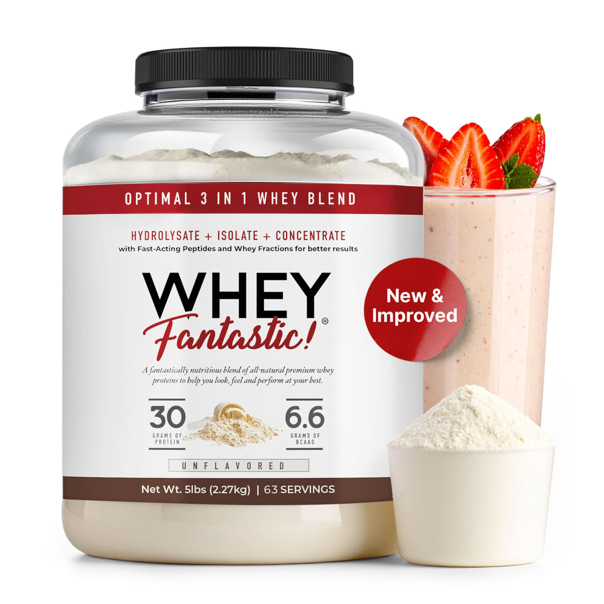 Proteína Fantastic Nutrition sin sabor en bote de 5 lb para batidos.