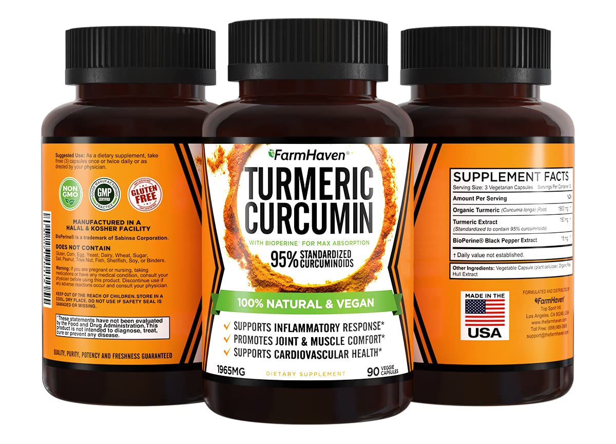 FarmHaven botella de Turmeric Curcumin con etiqueta clara.