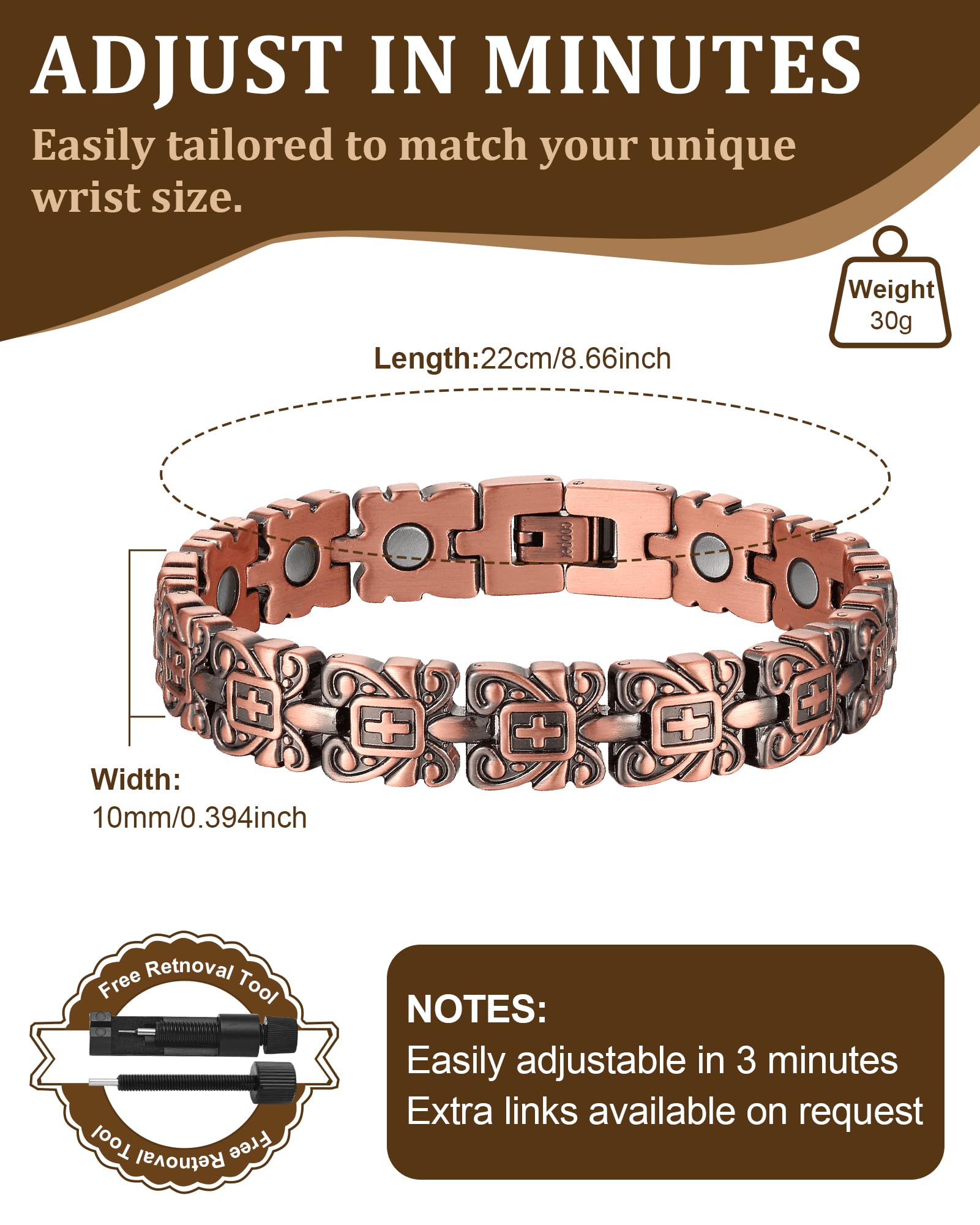Pulsera magnética Fashtour con ajuste flexible para todas las muñecas.