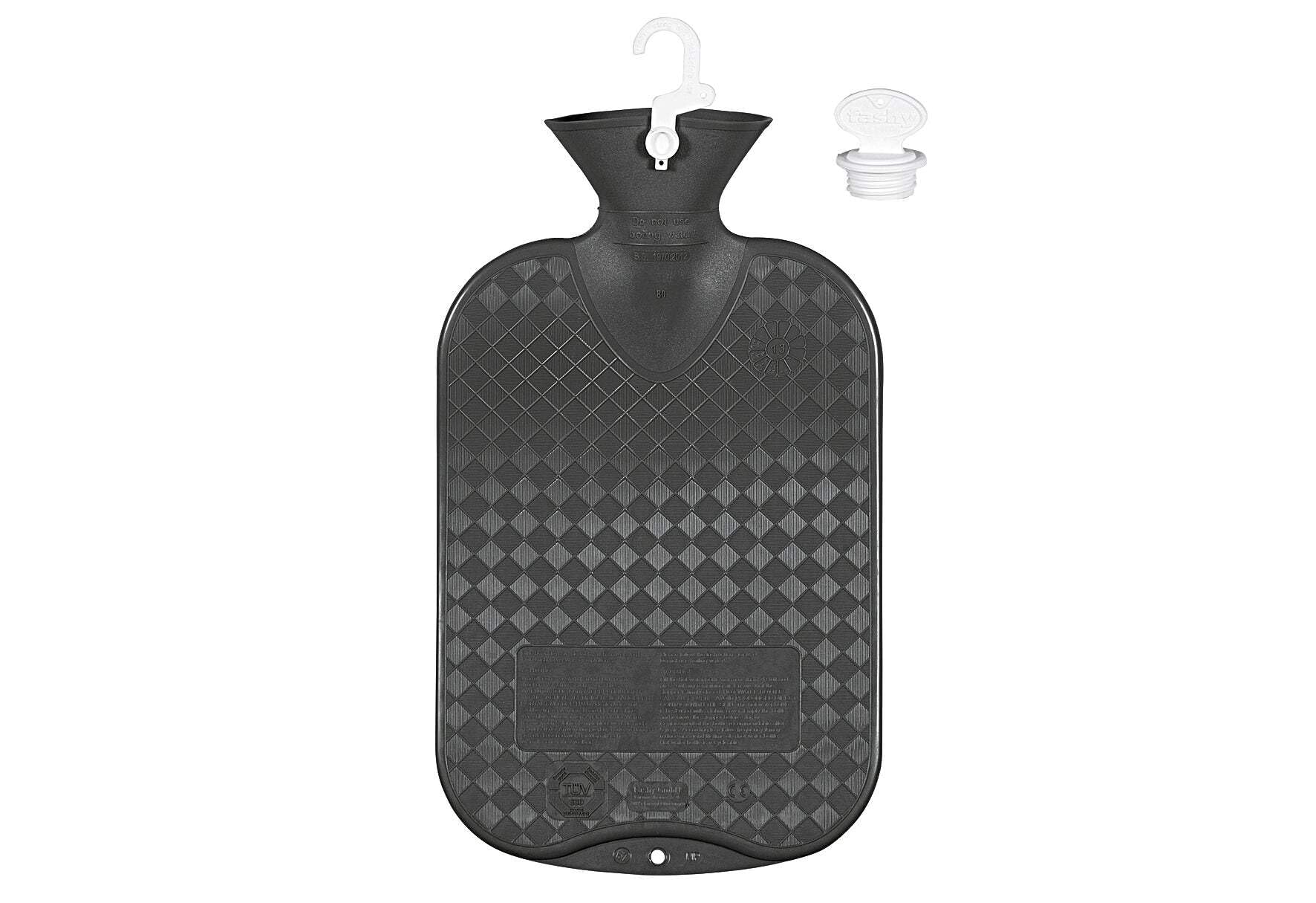 Fashy botella de agua caliente 2 L nervurada, tapa visible para sellado seguro.