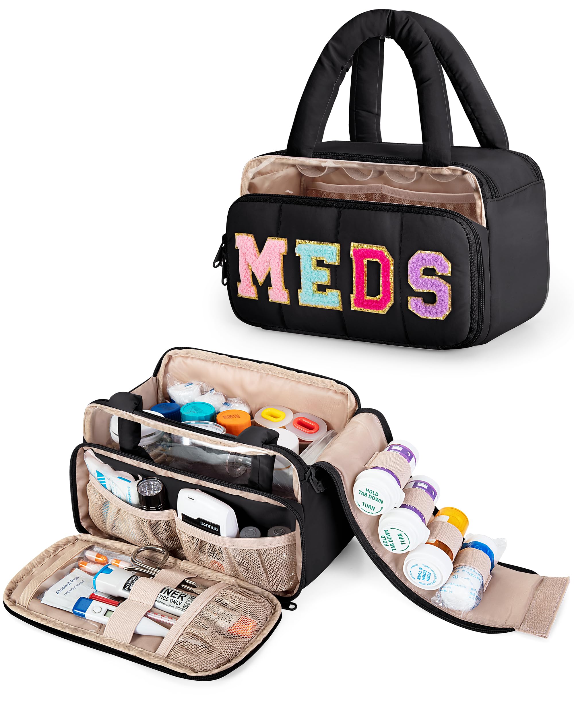 Fasrom: bolsa de medicinas con chenille frente para organización rápida.