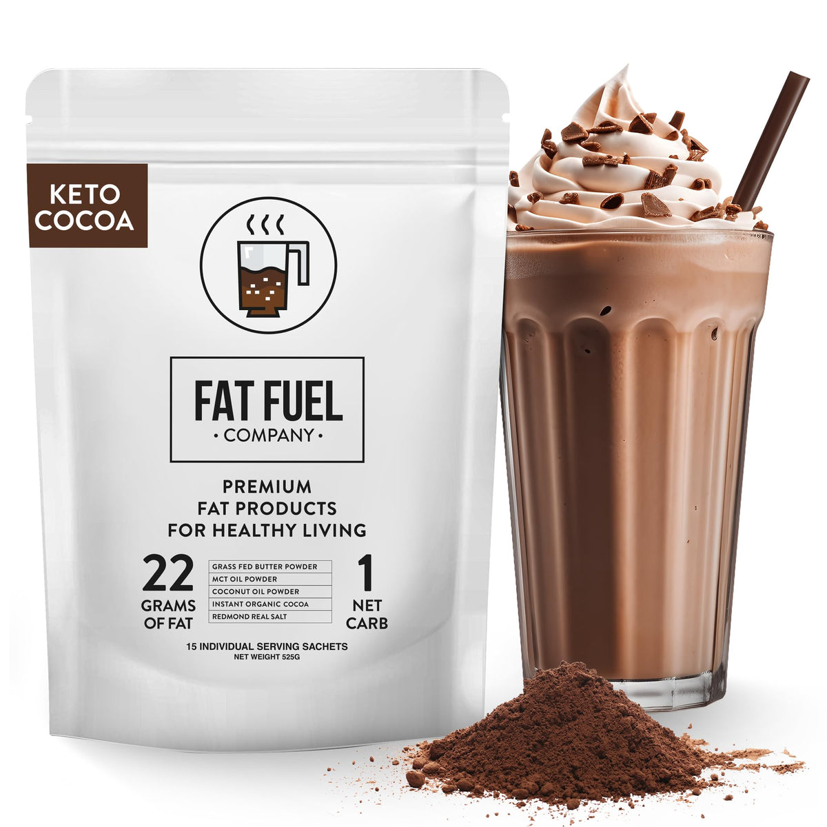 Fat Fuel Keto Cocoa en envase, listo para llevar.